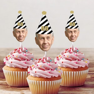 80th Birthday Cupcake Toppers with Face and Birthday Hat, Eightieth, 80, Eighty, Custom, Personalized. Golden Birthday, Photo cake picks