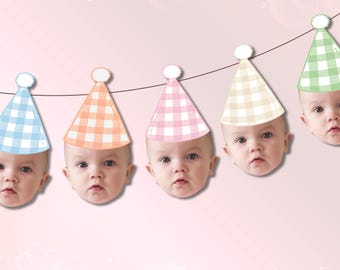 Gingham Print Face Banner and Party Decorations | First Birthday Party Decorations | Pastel Confetti Banner Stickers