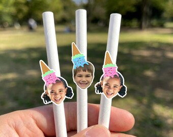 Pajitas con forma de cara de helado y decoraciones a juego para fiestas / Fiesta de helados / Dos dulces decoraciones
