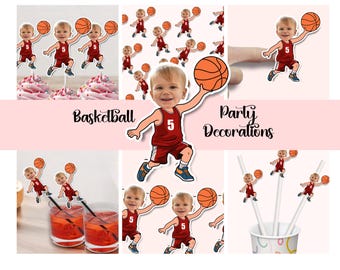 Basketball Birthday Party Package | Face Decorations | Custom Head Banner | Personalized Cupcake Toppers | Senior Night | Bball Favors