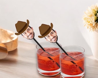 Cowboy Drink Stirrers with Face and Hat, Photo Swizzle Sticks, Rodeo Bachelorette, Bachelor, Western, 30th, 40th, Birthday, Last Rodeo Party