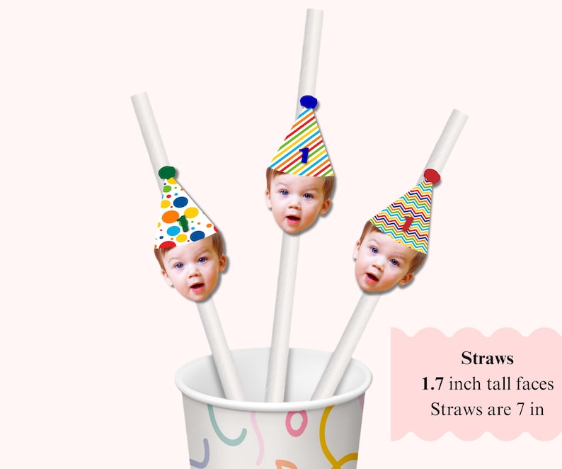 K&ouml;nnte beinhalten: Wei&szlig;e Strohhalme mit dem Gesicht eines Kindes und Partyhut-Designs. Die H&uuml;te haben bunte Muster und die Zahl 1. Die Gesichter sind 4,3 cm hoch. Die Strohhalme sind 17,8 cm lang. Die Strohhalme befinden sich in einem Becher.