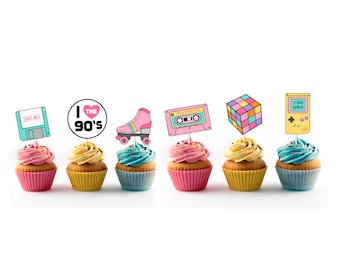 Girly 90s Themed Cupcake Toppers (12 count) - Nineties Party, Bachelorette, Birthday, I love the 90s, Fresh, Retro, 90's