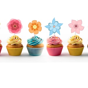 Flower Cupcake Toppers (12 count) for Birthday Party, Bridal Shower, Baby Shower, Floral Themed Event, Cake Picks, Spring, Summer, Colorful