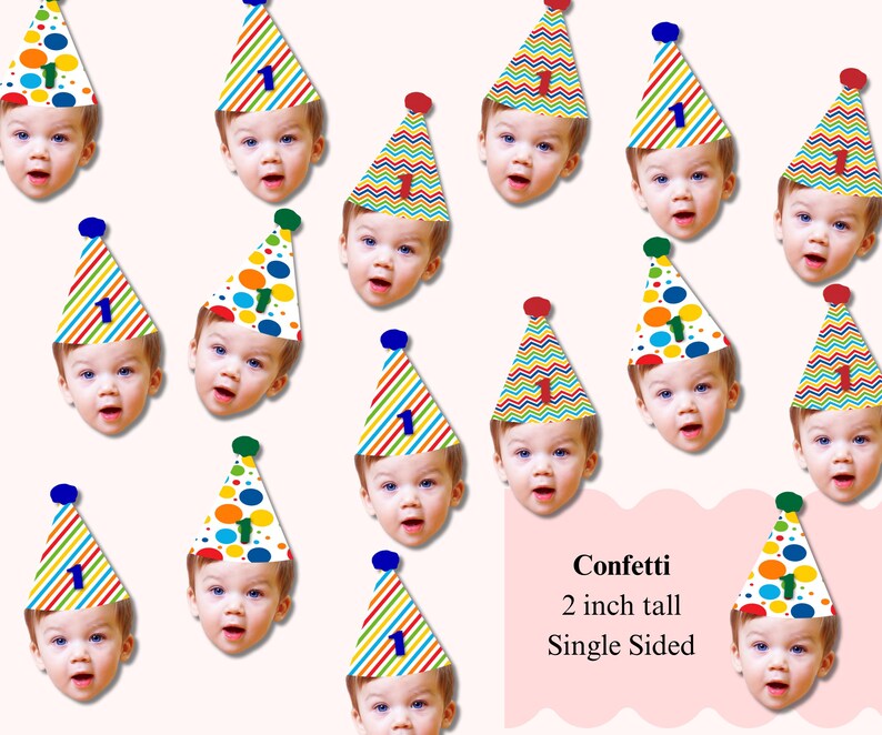 K&ouml;nnte beinhalten: Ein Muster von Kindergesichtern mit bunten Partyh&uuml;ten mit der Zahl 1. Die H&uuml;te sind mit Streifen und Konfetti verziert. Der Text "Konfetti, 5 cm hoch, einseitig" ist ebenfalls sichtbar.