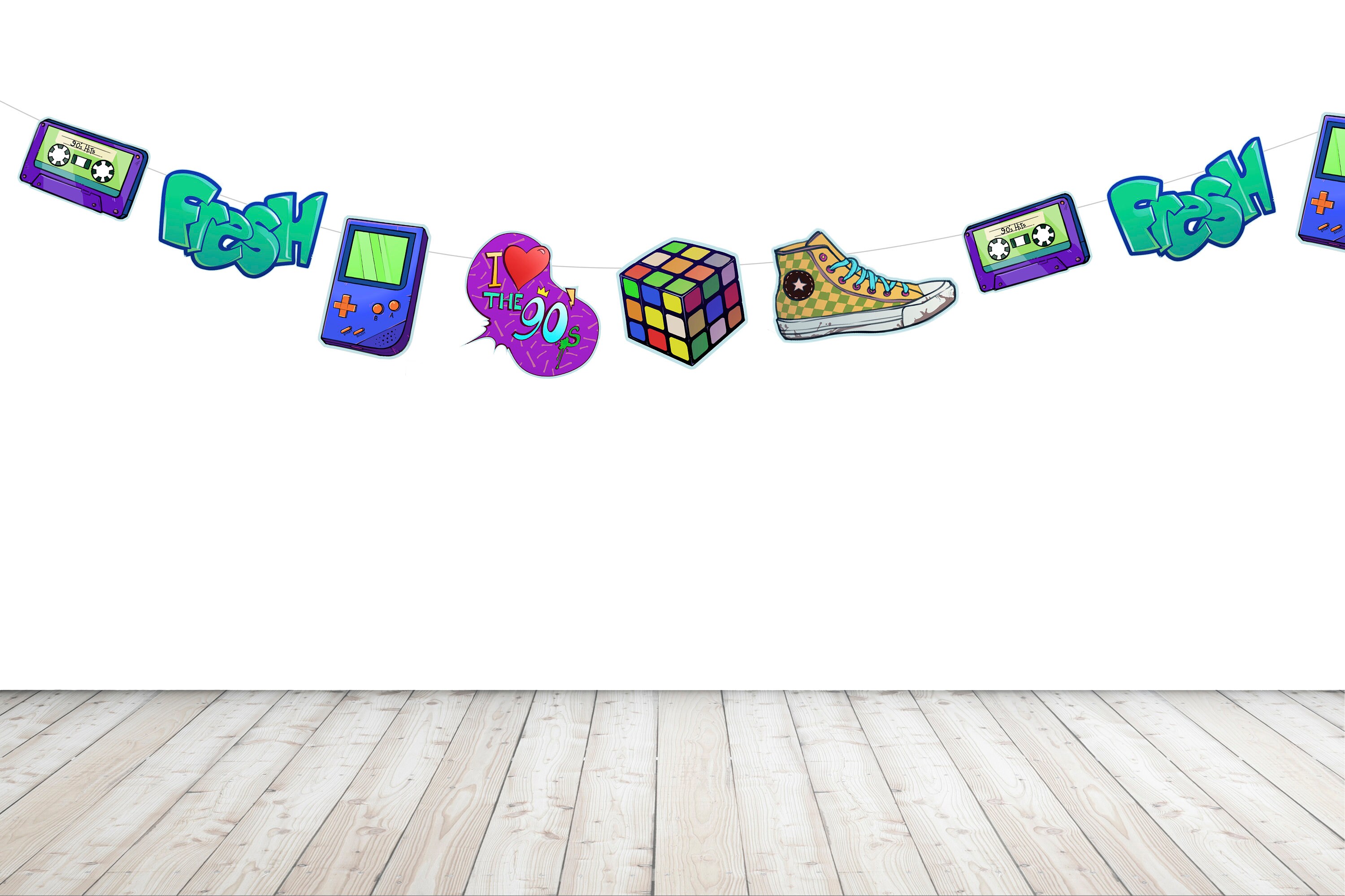 90s Theme Banner - I love the Nineties, Garland, Party Decorations, Decor, Birthday, 90, 30th Bday, Retro, Neon, Cube, Package, Fresh