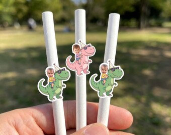 TRex Birthday Photo Straws | T-Rex Face Party Decorations | Dinosaur Party |Three Rex