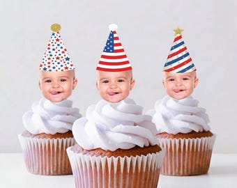 Adornos para cupcakes y decoraciones para fiestas del 4 de julio con caras / Un pequeño petardo / Tema patriótico