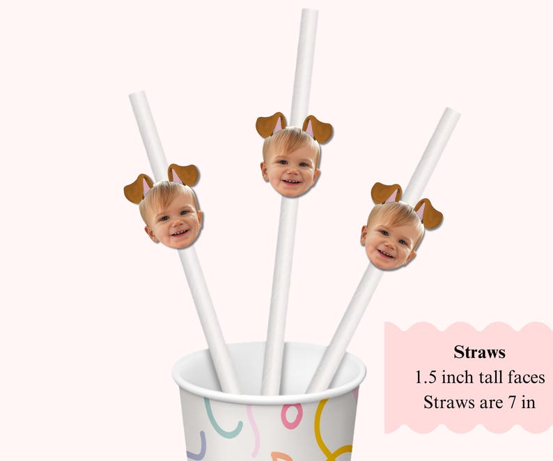 white paper straws with dog face straw flags