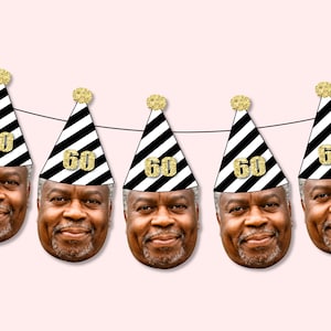 60th birthday banner with face and black and white party hat