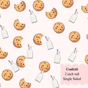 May include: A set of 2-inch tall, single-sided confetti featuring chocolate chip cookies and milk bottles. The confetti is perfect for adding a fun and festive touch to any party or celebration.