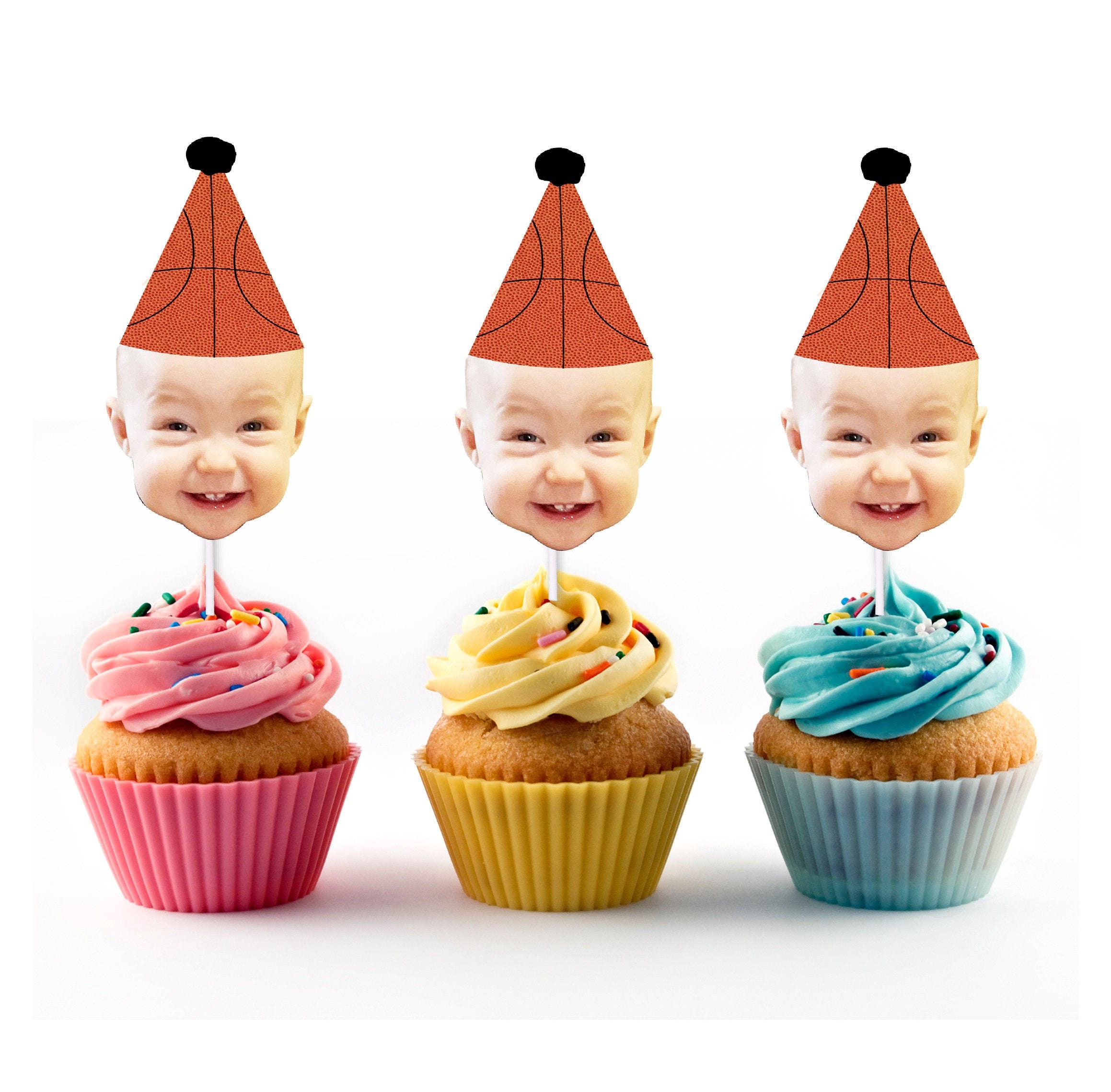 Basketball Cupcake Toppers 12 count Personalized with your Face Sports Picks Custom Face Decorations Ball Birthday Party