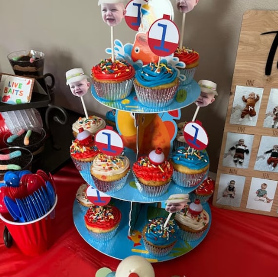 O'fishally One Fisherman Cupcake Topper With Face and Fishing Hat