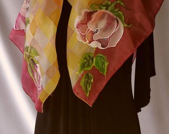 Shawl.Natural silk hand painted shawl, orange - yellow,burgundy floral shawl, rosehip