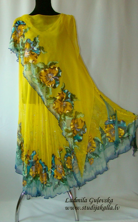 yellow floral silk dress