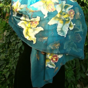 Scarf.Natural silk scarf - floral, orchid flowers blue-turquoise,a  hand- painted scarf