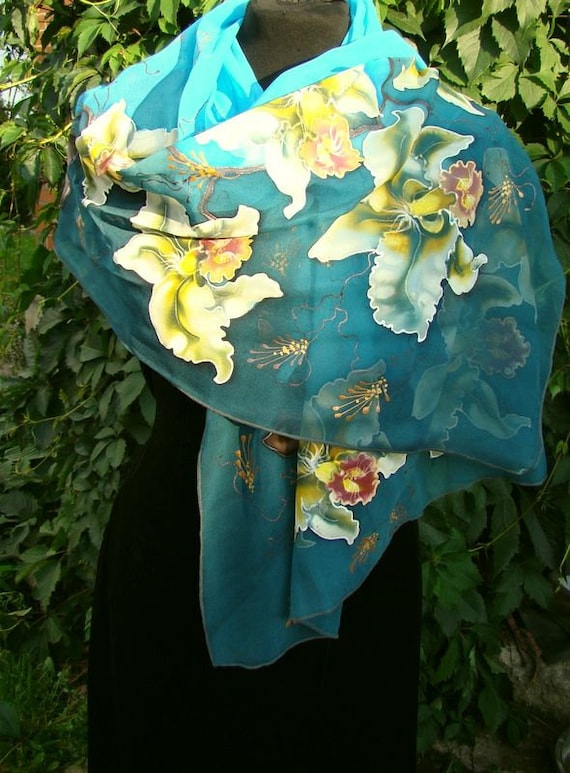 silk scarf floral, orchid flowers blue-turquoise,a hand-  painted scarf - Main Image