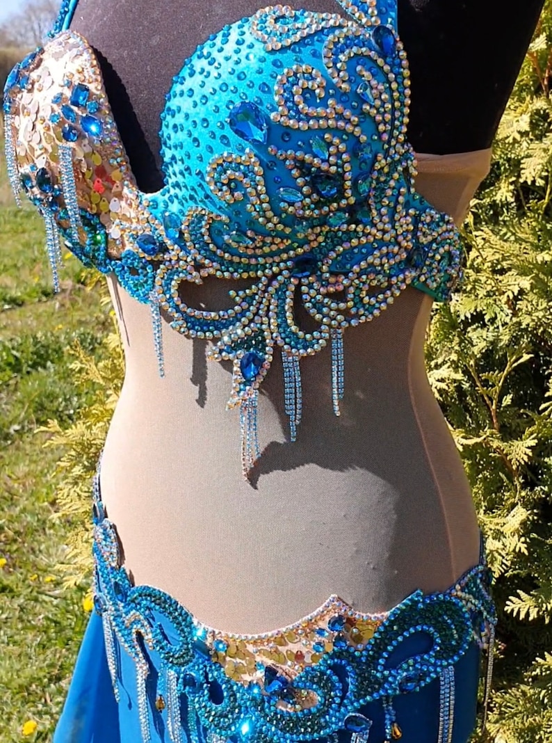 Belly Dance Costume. Teal-golden-emerald Professional Belly - Etsy