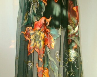 Hand- painted natural silk fabric, silk painting, dark green, red tulip