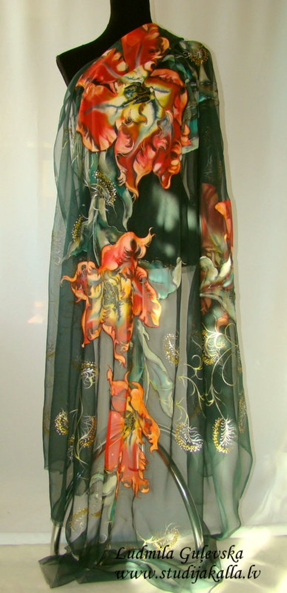 Hand painted natural silk fabric silk painting dark green Etsy