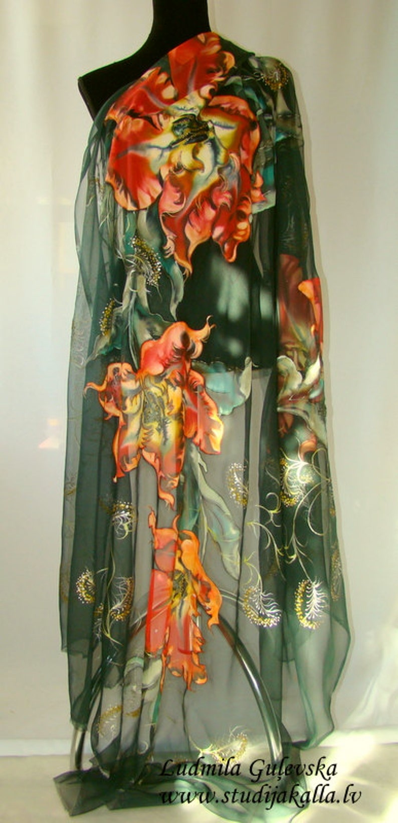 Hand painted natural silk fabric silk painting dark green Etsy