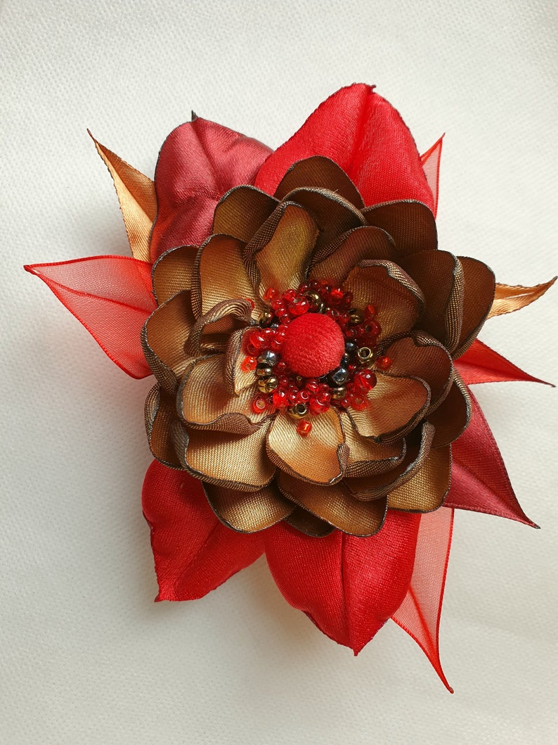 lemon yellow color satin flower brooch Handmade Yellow golden embroidered flower blue Flower brooch red Choose your color Flower pin