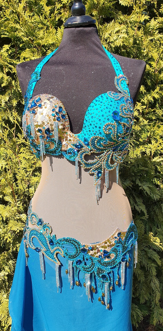 Disfraz de danza del vientre. Traje profesional de danza del vientre verde azulado dorado esmeralda traje de danza oriental Etsy Mexico
