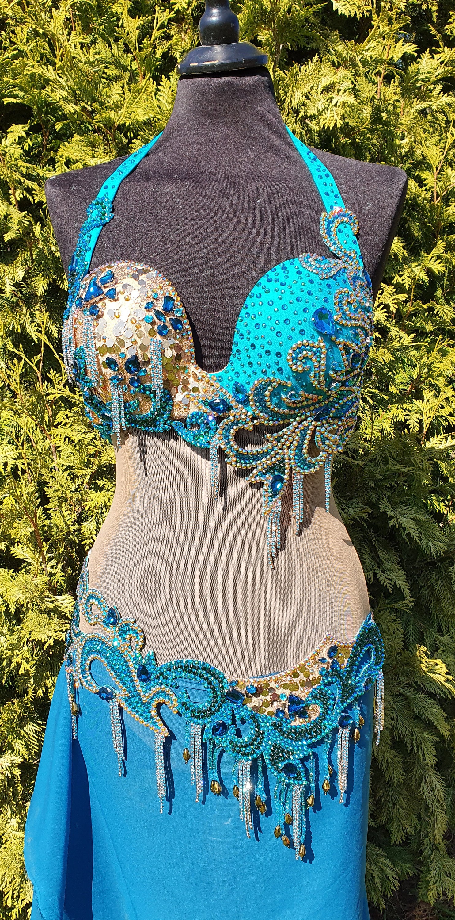 Belly Dance Costume. Teal-golden-emerald Professional Belly Dance