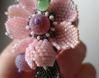 Flower brooch, handmade, unique jewelry, embroidered flower  brooch, pink flower.