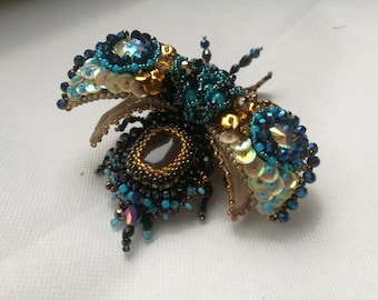 Beetle brooch, handmade, unique jewelry, embroidered beetle , insect brooch, blue-gold beetle