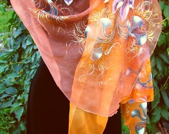 Scarf.Natural silk scarf - floral, brown-orange a  hand- painted .