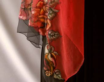 Shawl.Natural silk hand painted shawl, red floral shawl