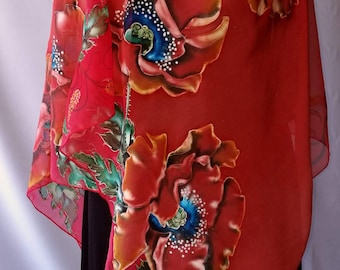 Scarf.Natural silk scarf - floral,poppies, red,a hand- painted scarf.