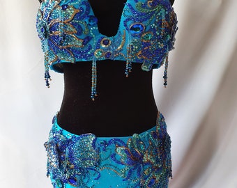 Belly dance costume. Blue professional belly dance costume, oriental dance costume, skirt and bra set.