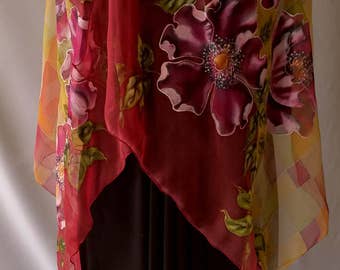 Scarf.Natural silk scarf - floral, yellow, green, orange, burgundy,a hand- painted scarf, rosehip.