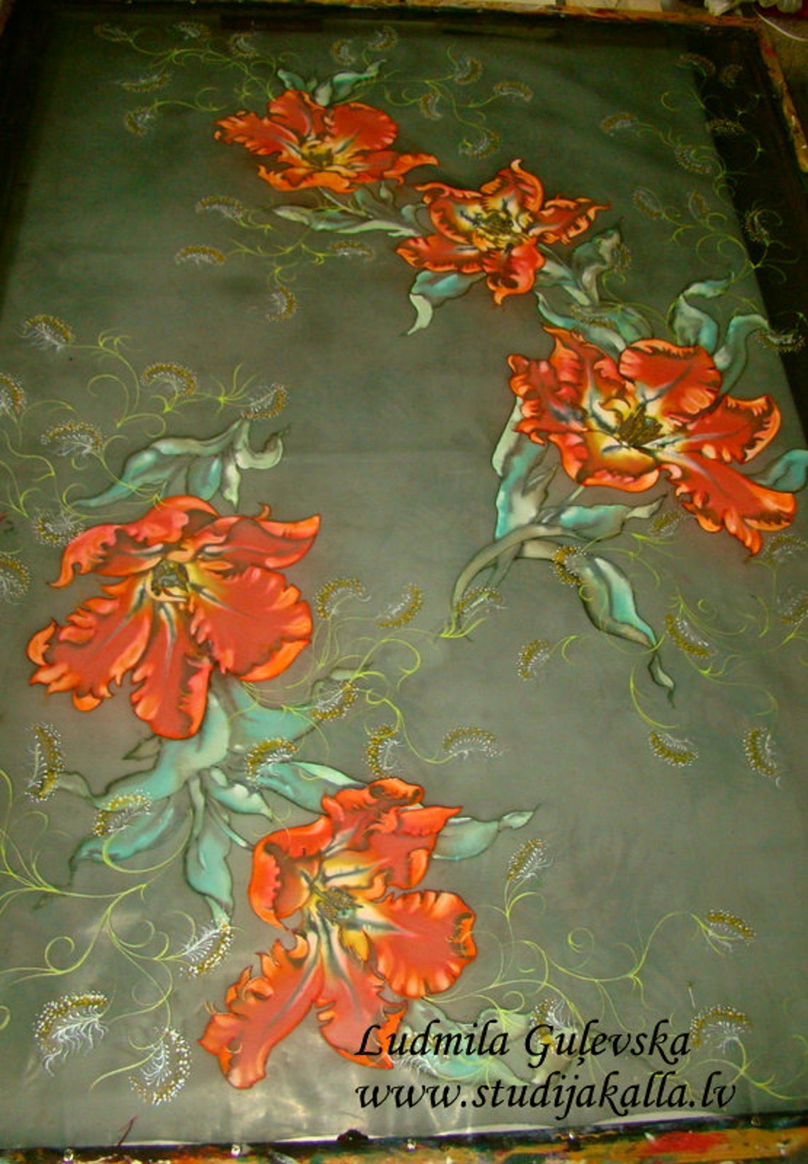 Hand Painted Natural Silk Fabric, Silk Painting, Dark Green, Red Tulip