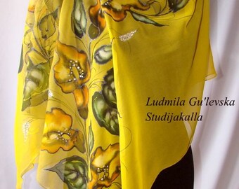 Scarf.Natural silk scarf- floral,calla,  yellow, a hand-painted scarf