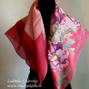 Shawl.Natural silk hand painted shawl, crimson - pink shawl, purple poppies