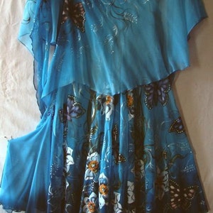 Dress.Boho.Natural silk dress handmade artwork ,silk painting, 100% natural silk handwork, blue floral dress, daffodil butterfly image 2