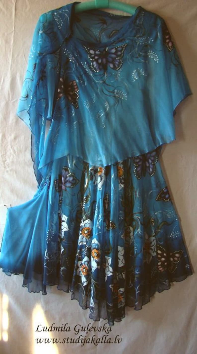 Dress.Boho.Natural silk dress handmade artwork ,silk painting, 100% natural silk handwork, blue floral dress, daffodil butterfly image 2