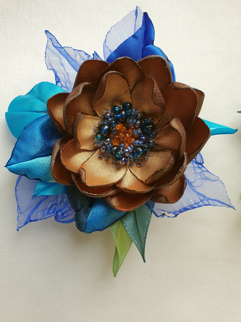 lemon yellow color satin flower brooch Handmade Yellow golden embroidered flower blue Flower brooch red Choose your color Flower pin