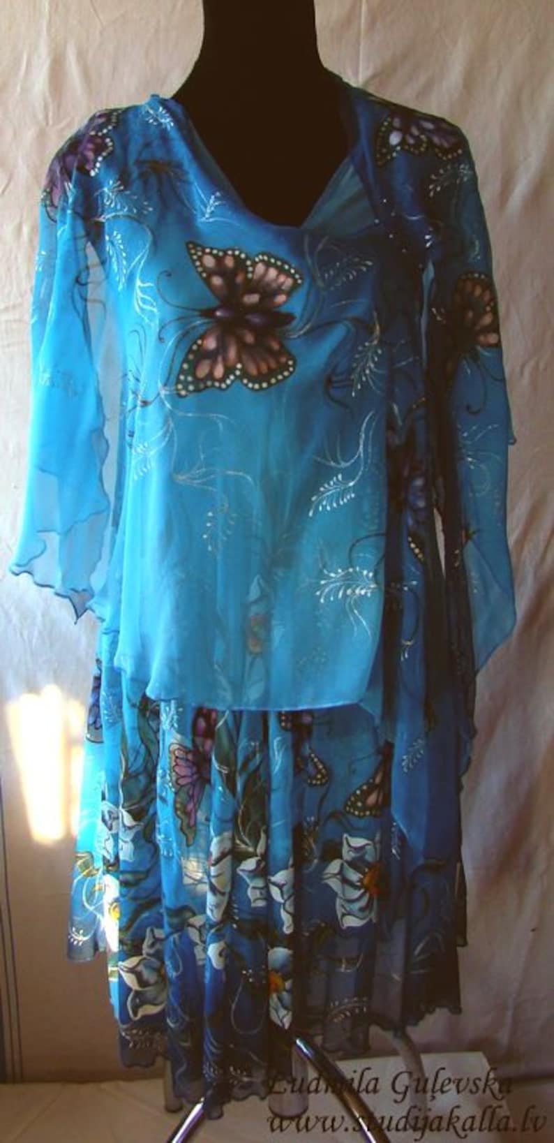Dress.Boho.Natural silk dress handmade artwork ,silk painting, 100% natural silk handwork, blue floral dress, daffodil butterfly image 1