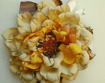 Handmade  satin flower brooch.Peony. Rose.Apricot,mustard,violet,green flower. Choose your color.