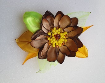 Flower brooch. Handmade blue,gold,white,black,orange,green color  satin flower brooch. Choose your color. Flower pin, embroidered flower