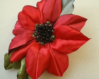 Handmade  satin flower brooch, flower clip & pin,red,yellow,orange,pink,lilac,ivory,gold  clematis,christmas star.Choose your color.