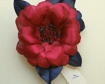 Handmade. Burgundy color satin flower brooch. Choose your color. Flower  pin, embroidered flower.Daisy.