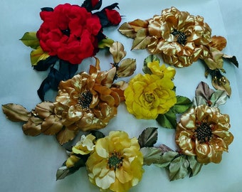 Flower brooch. Handmade  yellow,golden,red color satin flower brooch. Choose your color. Embroidered flower