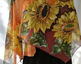 Scarf.Natural silk scarf - floral,sunflower, orange and brown,a hand- painted scarf.