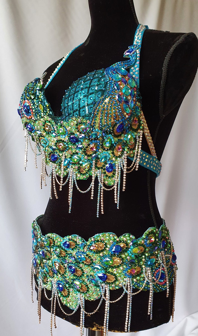 Belly dance costume. Peacock. Emerald-golden-teal-turquoise | Etsy