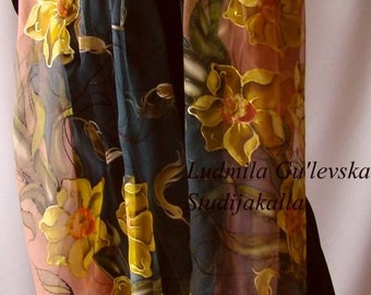 Scarf.Natural silk scarf - floral,daffodil,  pink-blue,a hand -painted scarf